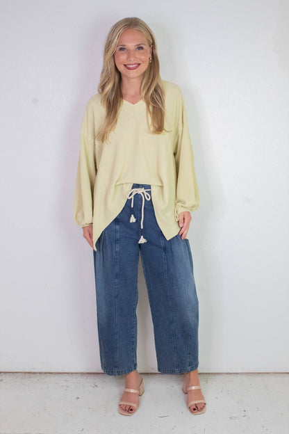  Raya Drawstring Barrel Leg Pants, Washed Denim