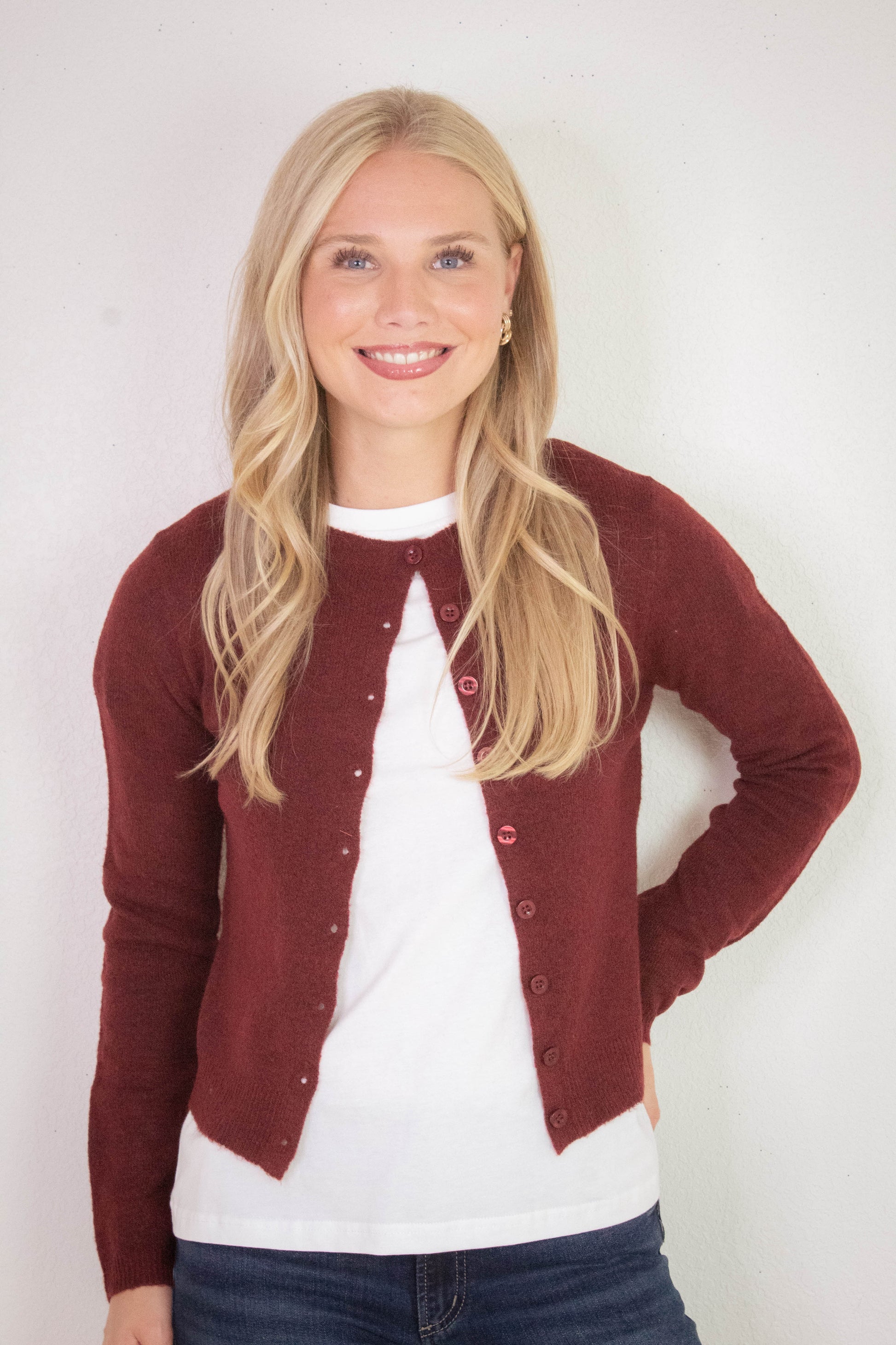  Nia Button Down Cardigan, Burgundy