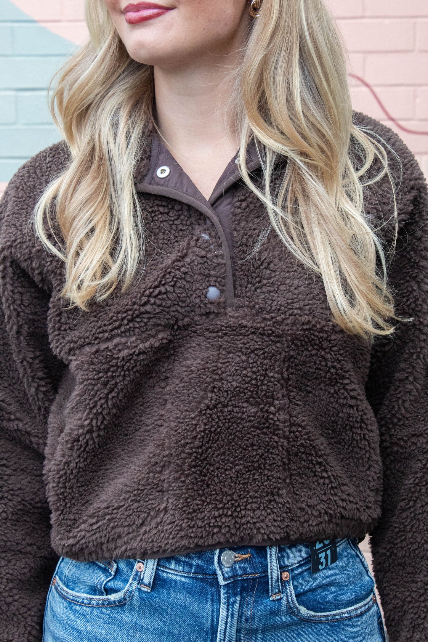  Aria Sherpa Button Neck Jacket, Brown