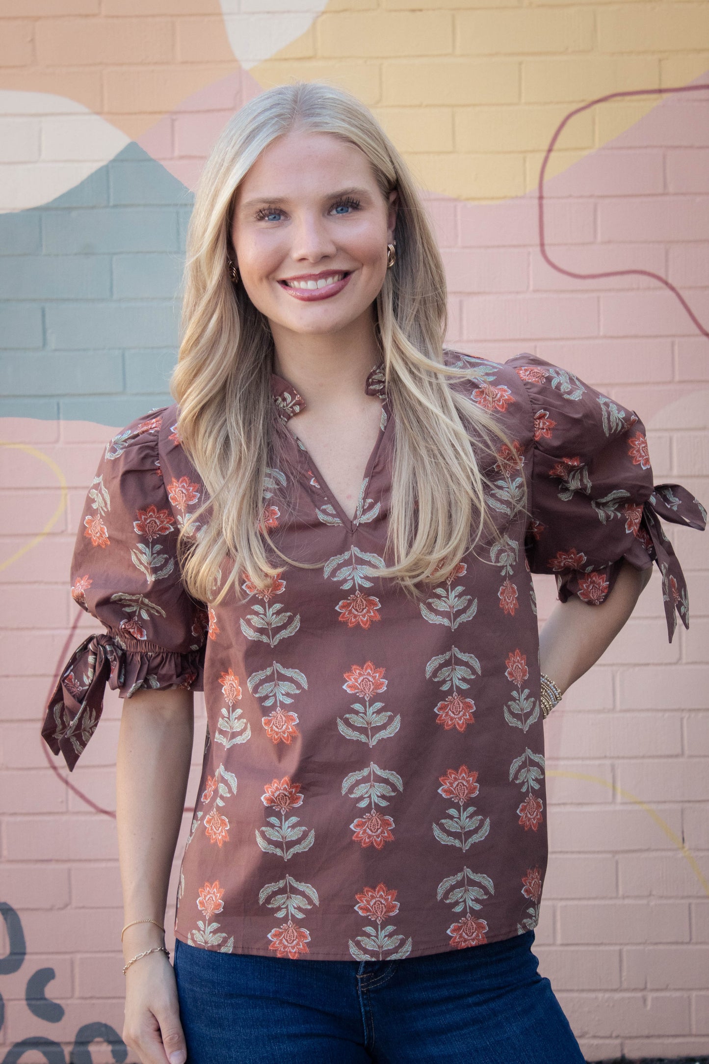  Athena Floral Print Ruffle Neck Top, Brown