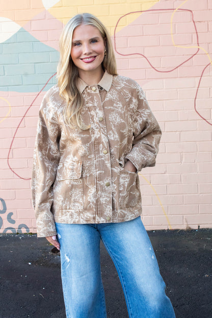  Angelica Corduroy Collared Floral Jacket, Light Brown