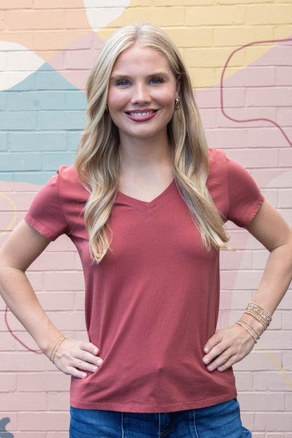 Be Cool Tatum Cotton Jersey V-Neck Tee, Chili Oil