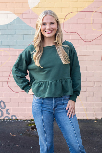  Arabella Peplum Hem Sweatshirt, Hunter Green