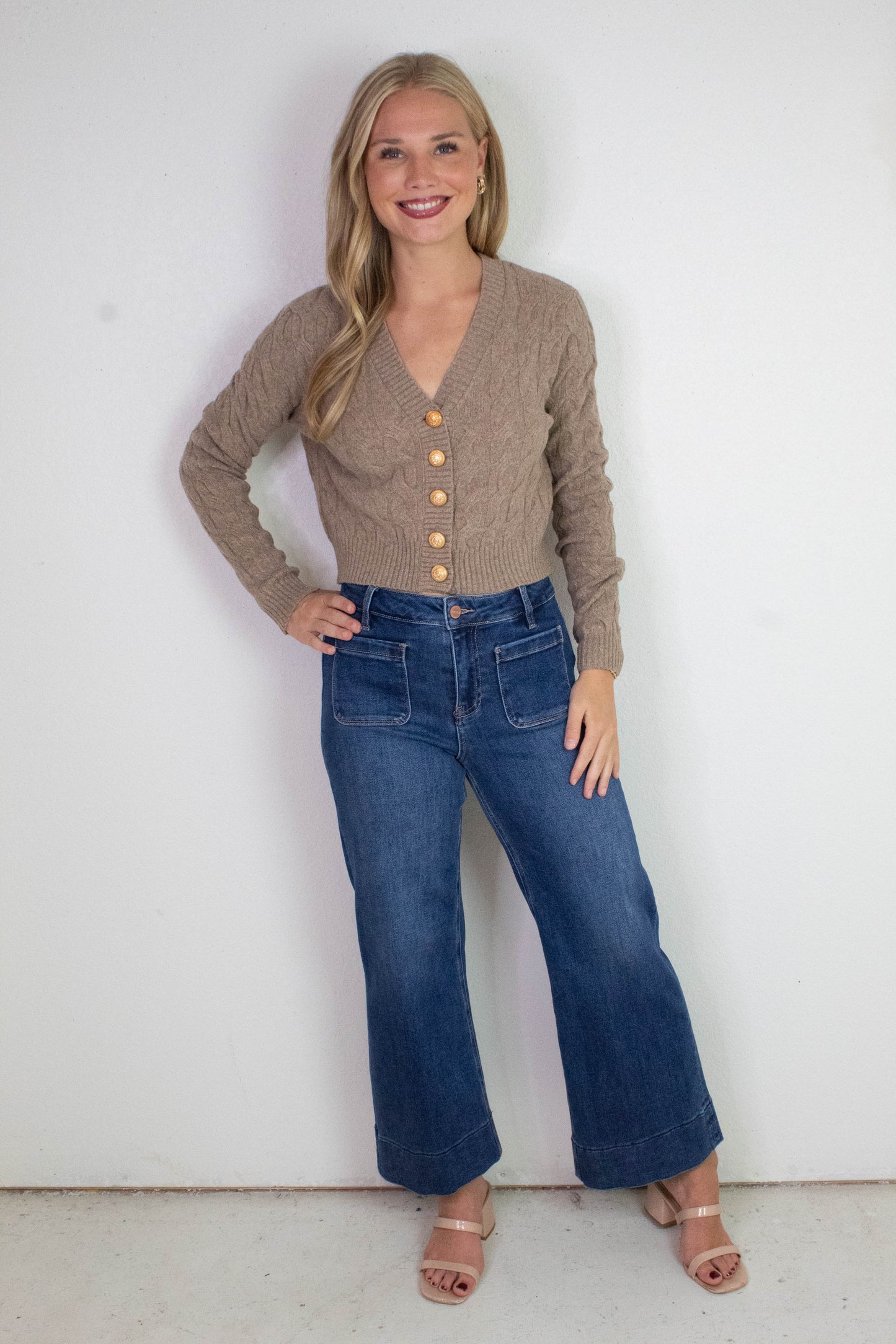  Ellie Gold Button Cable Knit Cardigan, Taupe
