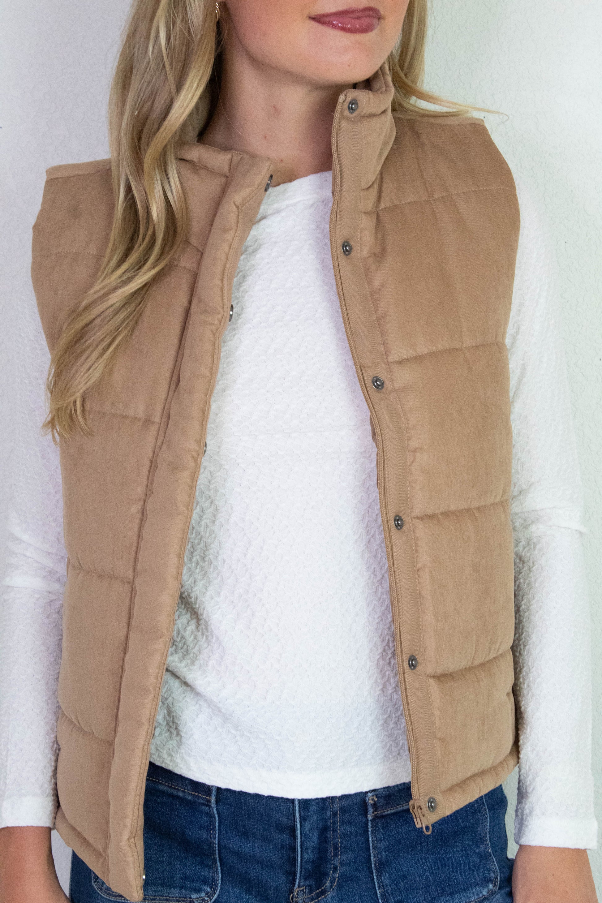 Be Cool Isabelle Suede Puffer Vest, Camel