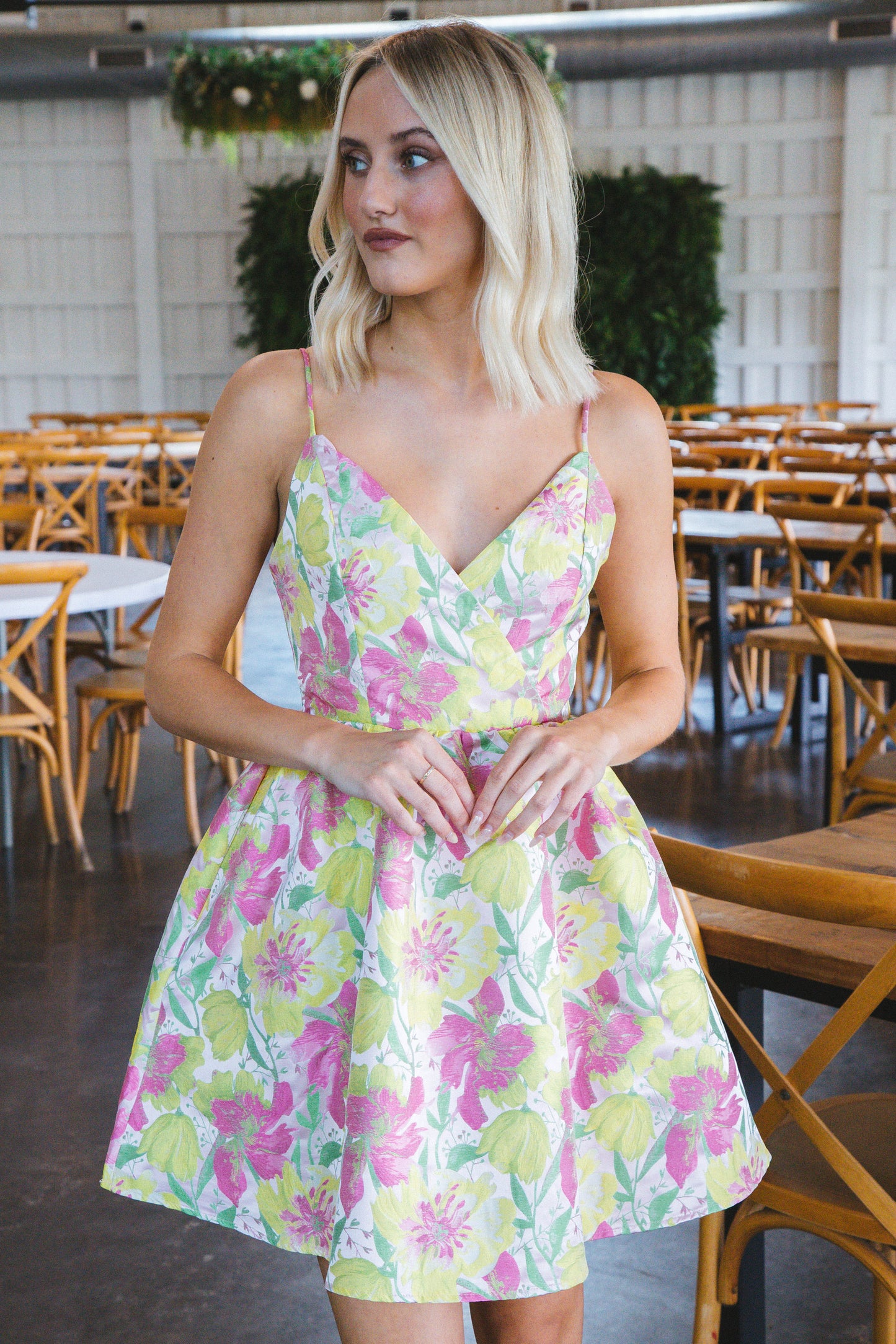  Leila Surplice Mini Dress, Pink/Yellow/Green