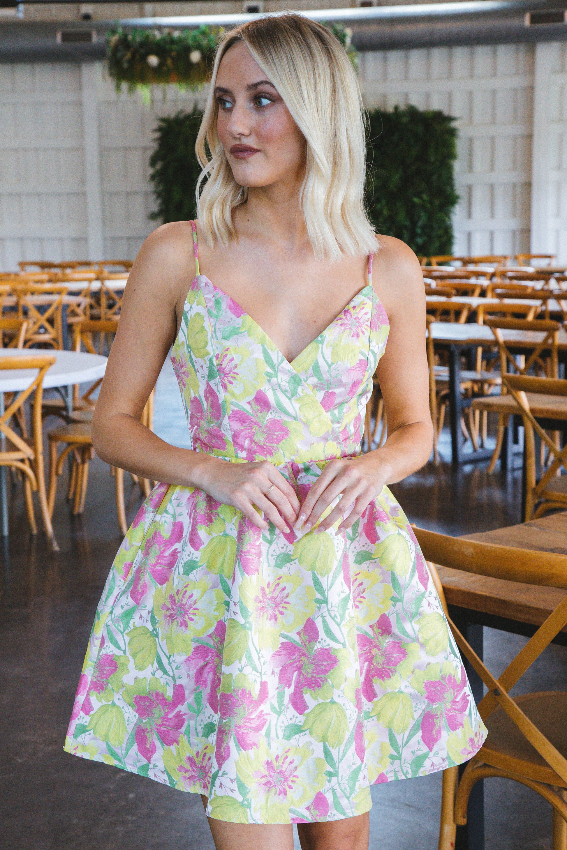  Leila Surplice Mini Dress, Pink/Yellow/Green