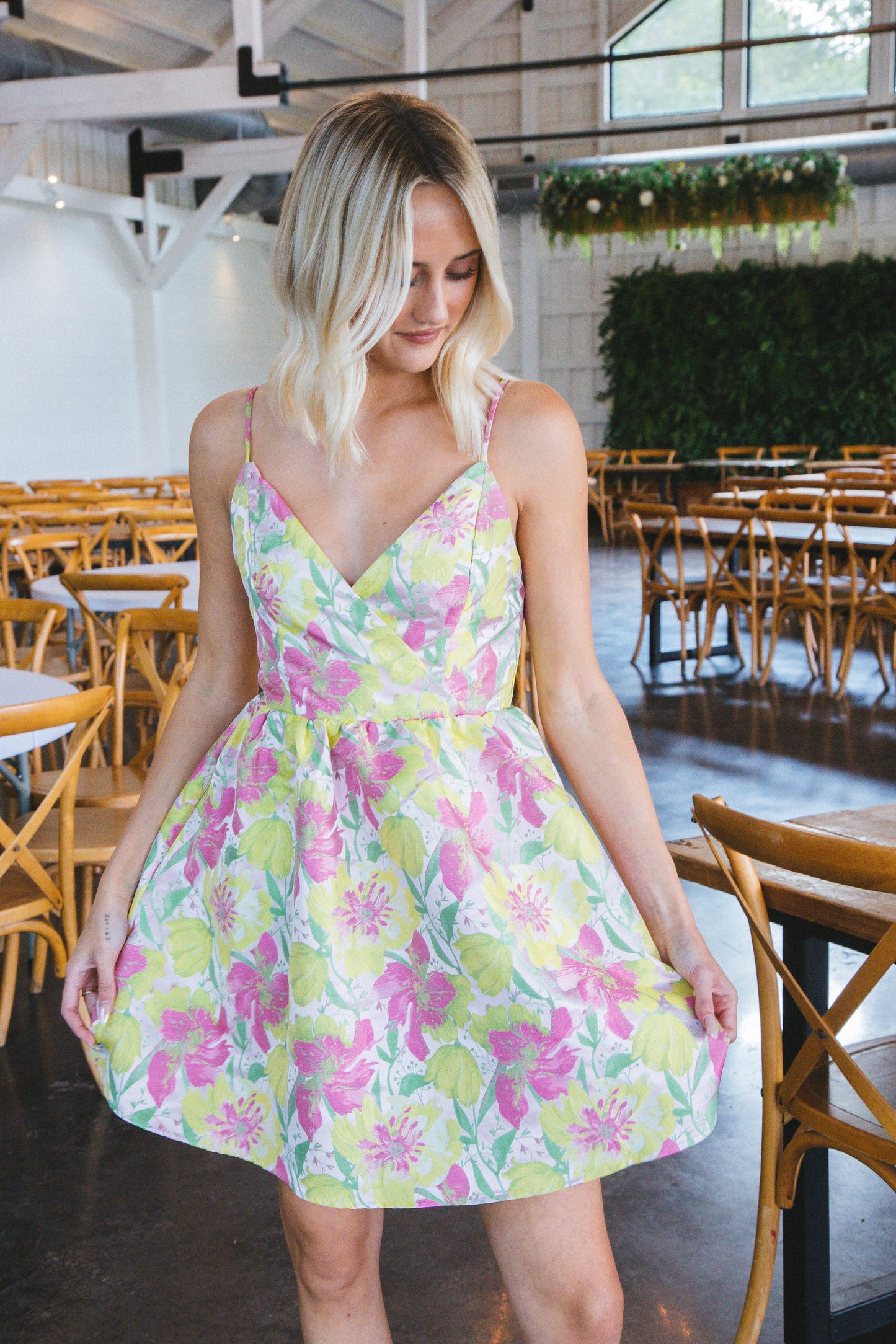  Leila Surplice Mini Dress, Pink/Yellow/Green