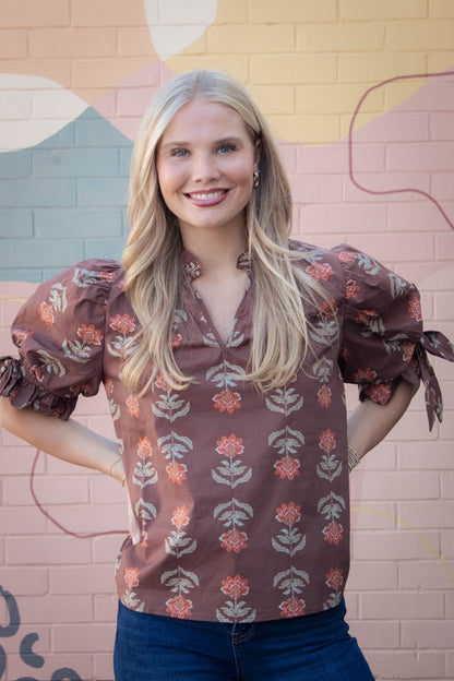  Athena Floral Print Ruffle Neck Top, Brown