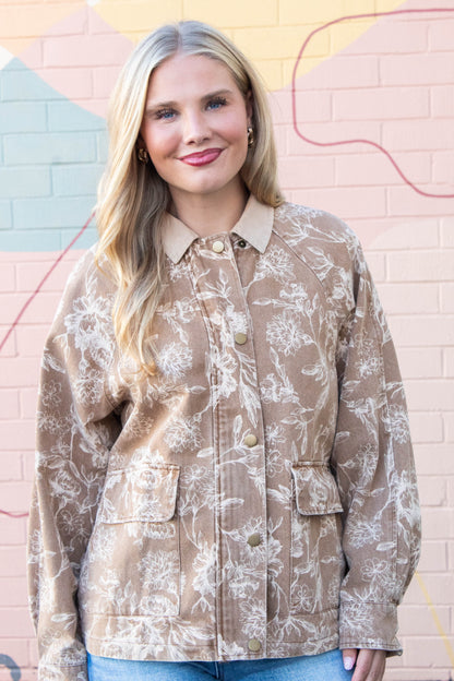  Angelica Corduroy Collared Floral Jacket, Light Brown