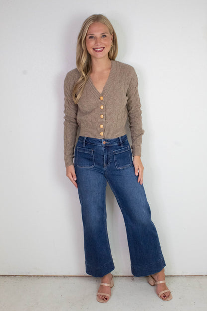  Ellie Gold Button Cable Knit Cardigan, Taupe