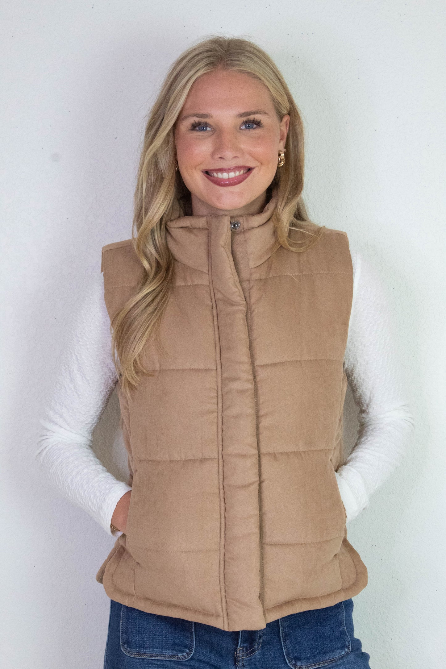Be Cool Isabelle Suede Puffer Vest, Camel