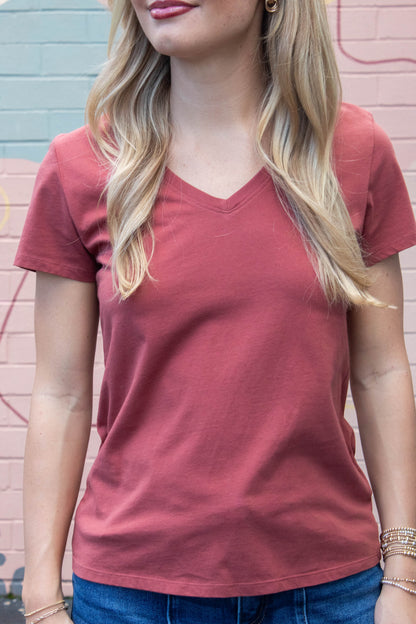 Be Cool Tatum Cotton Jersey V-Neck Tee, Chili Oil