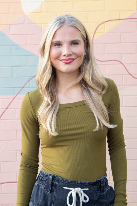  Lilah Slim Fit Ribbed Top, Camo Green