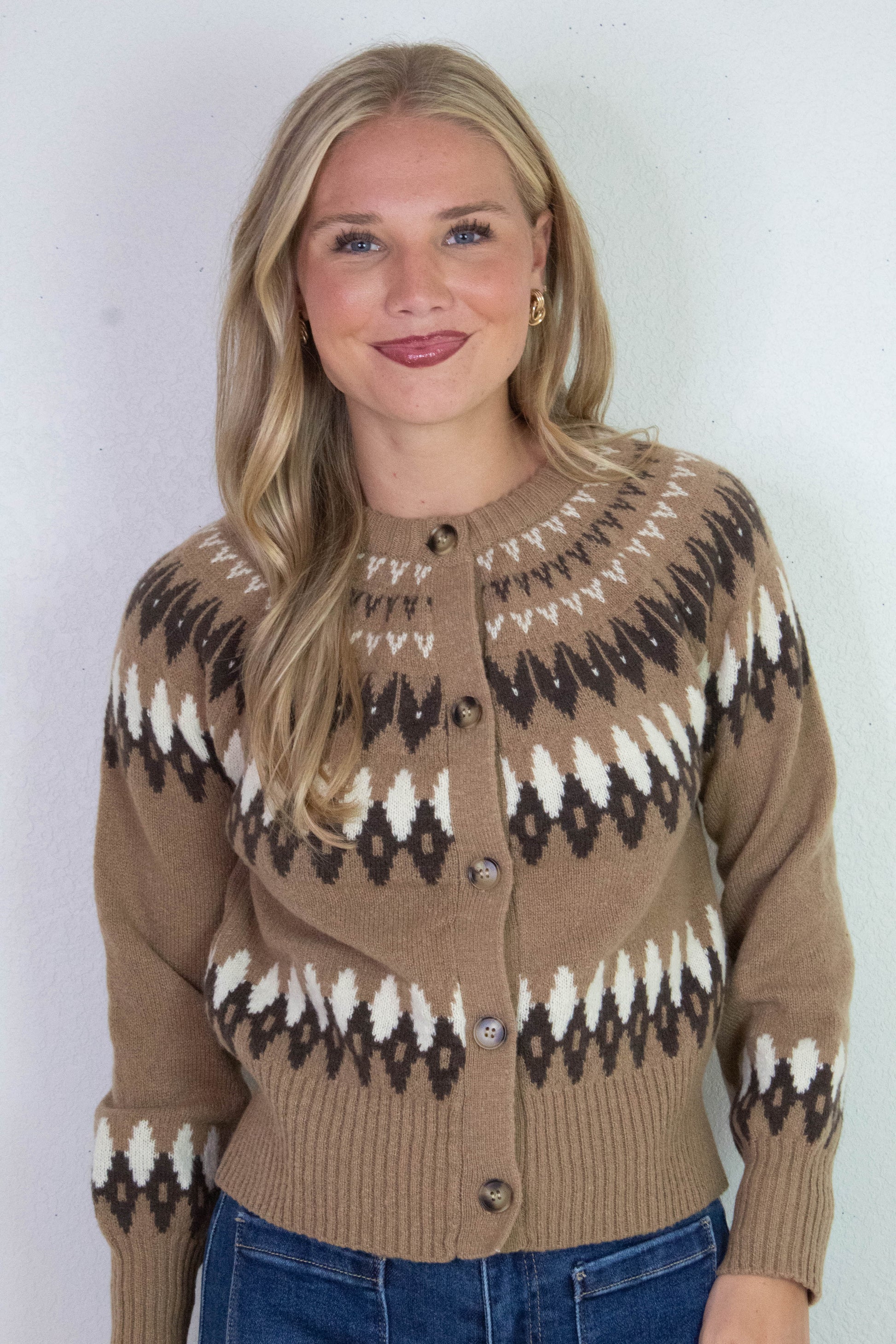  Luna Multicolor Fair Isle Cardigan, Khaki Multi