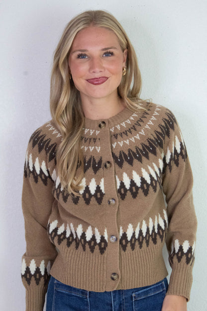  Luna Multicolor Fair Isle Cardigan, Khaki Multi