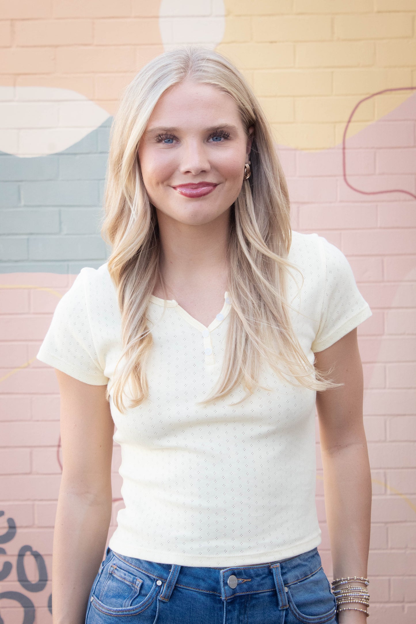  Julia Pointelle Knit Henley Top, Butter