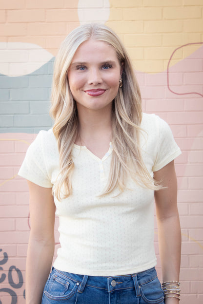  Julia Pointelle Knit Henley Top, Butter