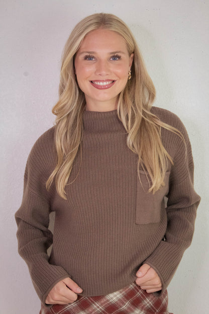  Cleo Mock Neck Chest Pocket Sweater, Mocha