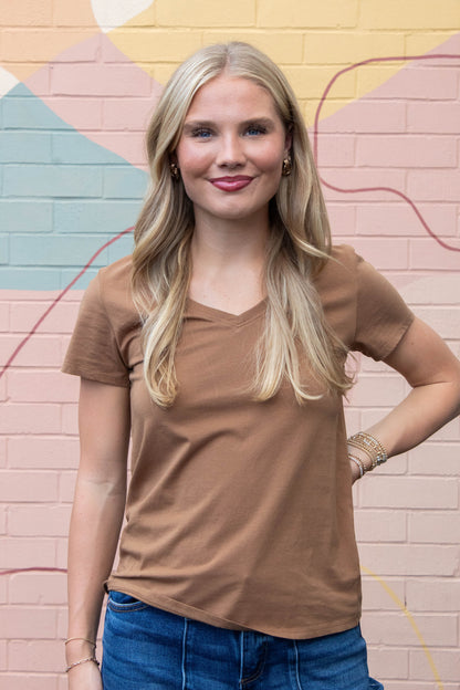 Be Cool Tatum Cotton Jersey V-Neck Tee, Bronze Brown