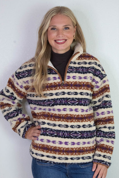  Alpine Sherpa Half Zip Striped Jacket, Tobacco | RD Style