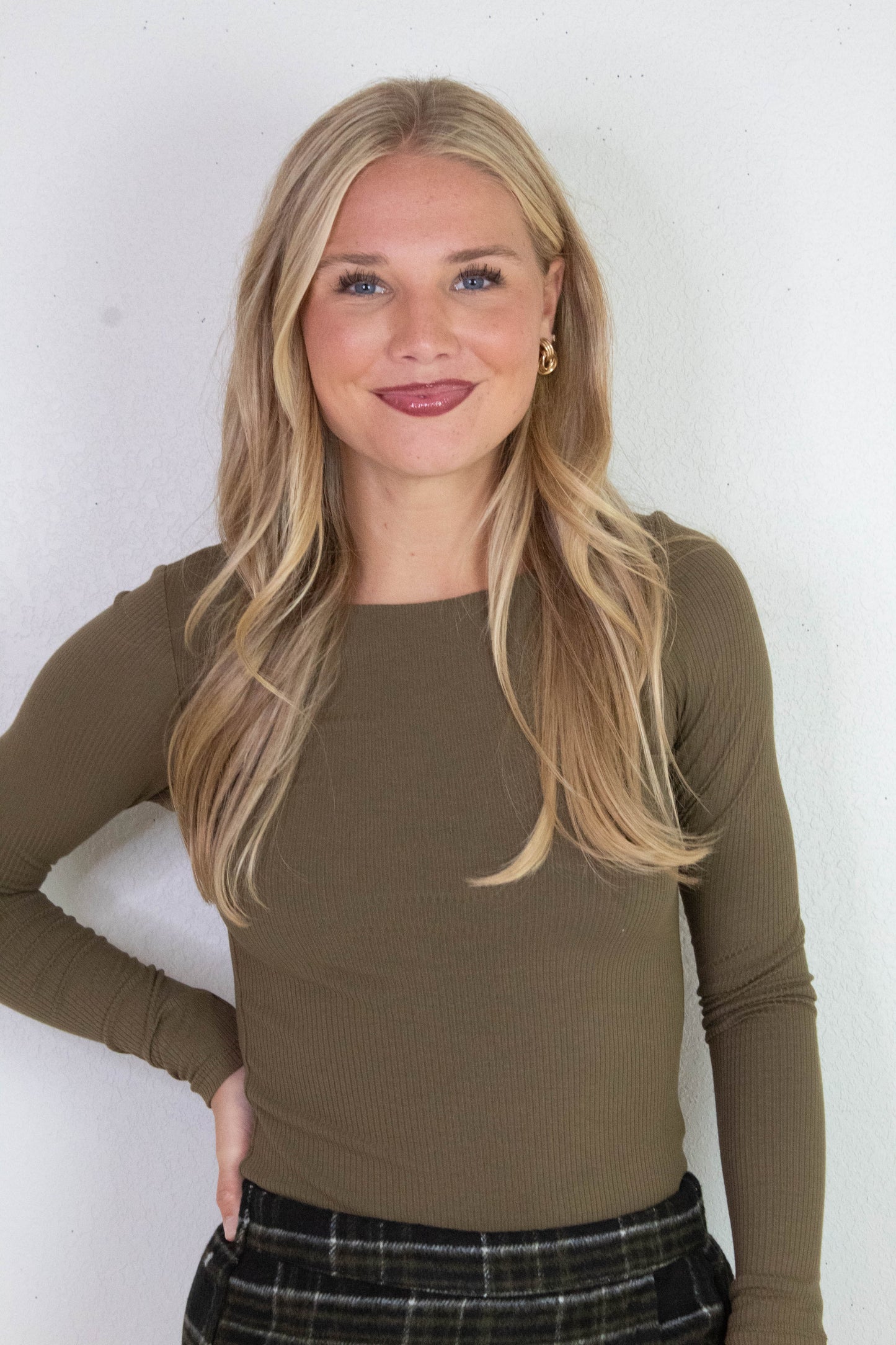  Elowyn Double Layer Rib Knit Tee, Army Olive