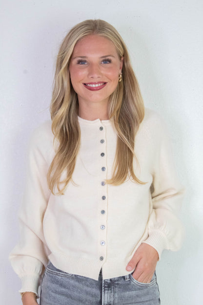  Juliette Rolled Edge Balloon Sleeve Cardigan, Cream