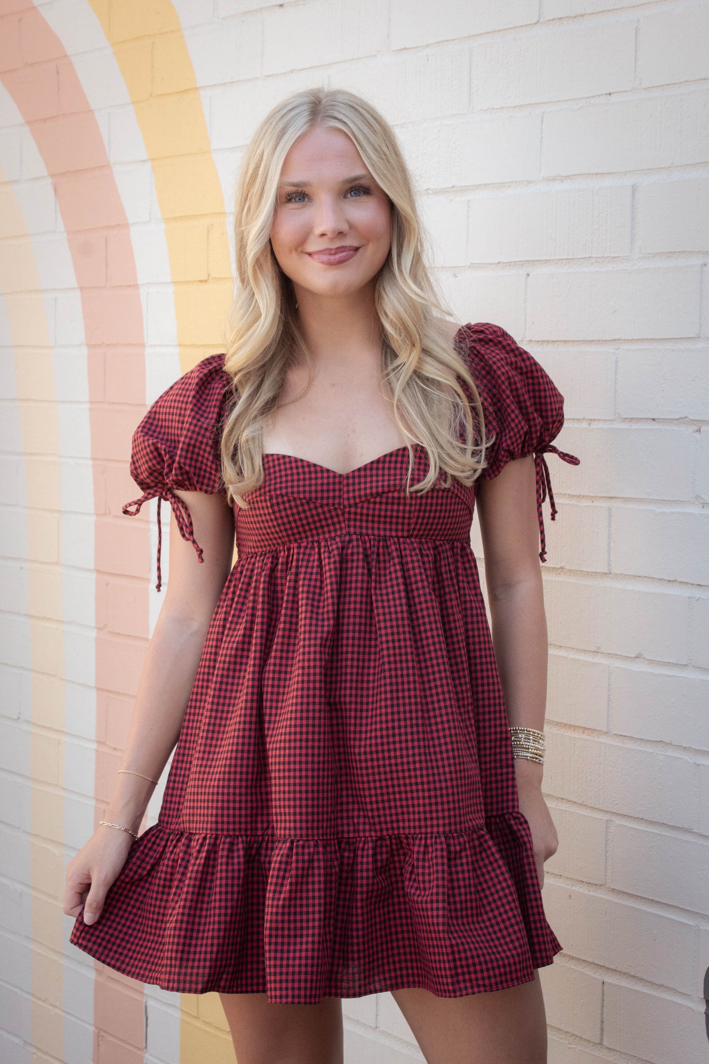  Francine Sweetheart Neck Checkered Dress, Black Red