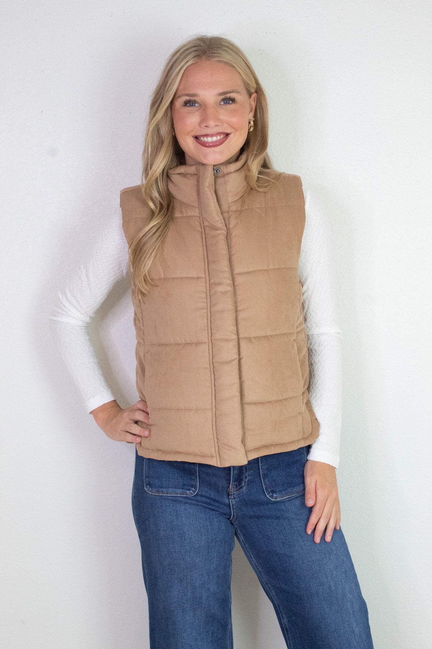 Be Cool Isabelle Suede Puffer Vest, Camel