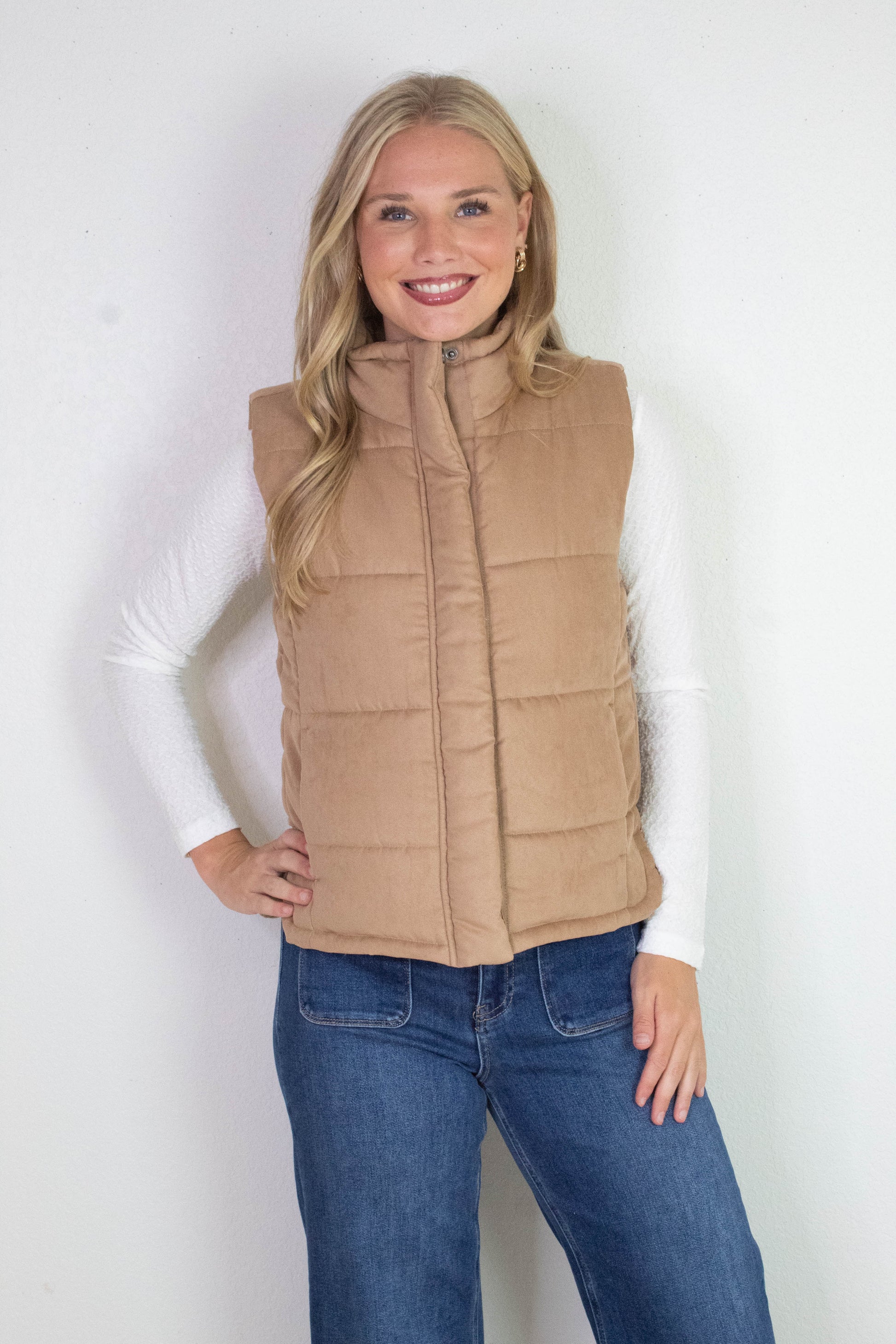 Be Cool Isabelle Suede Puffer Vest, Camel