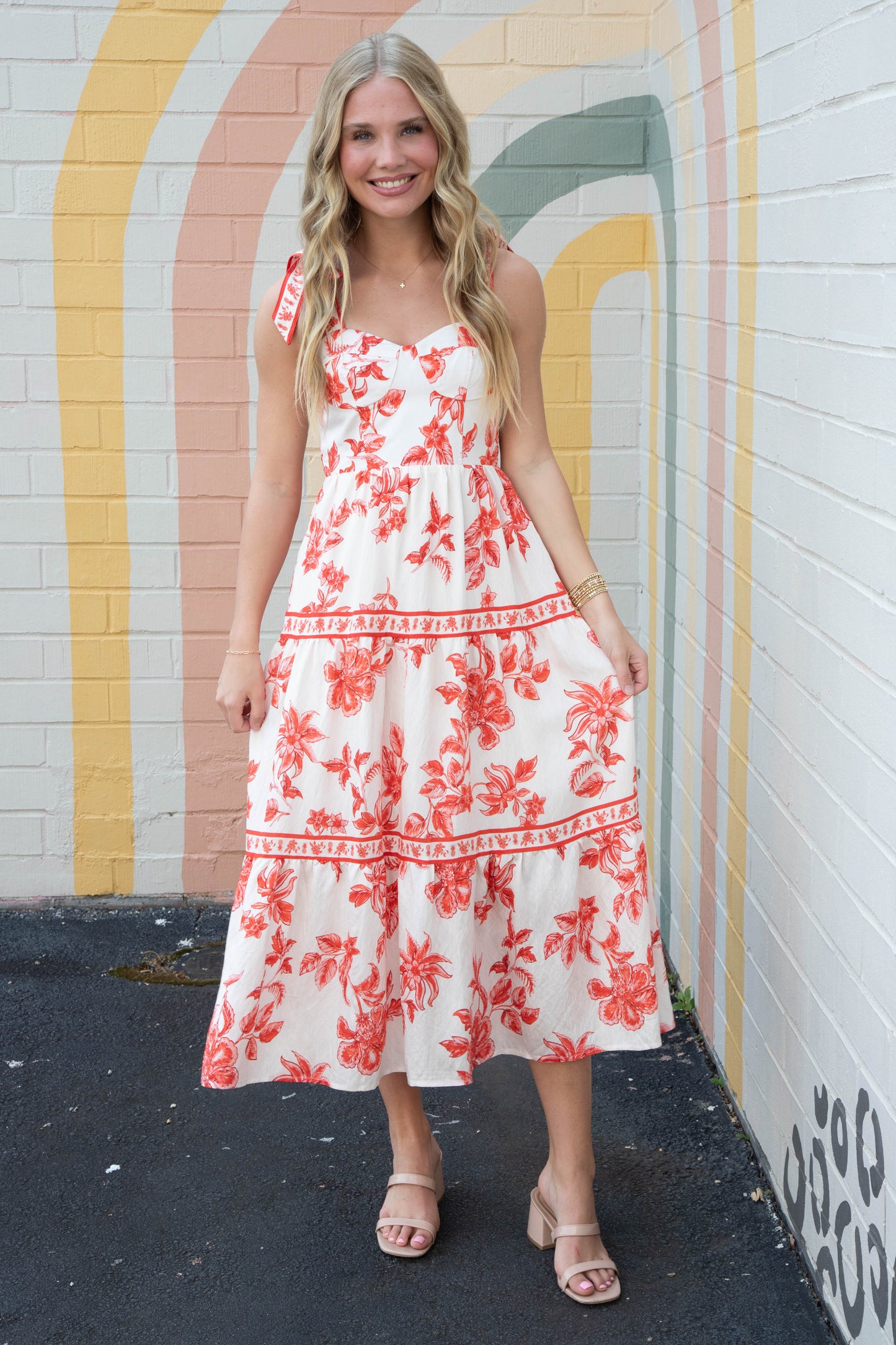  Milena Floral Shoulder Tie Bustier Dress, Sunset