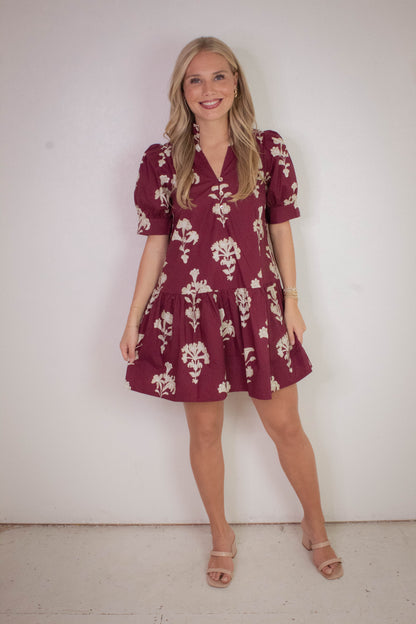  Zoe Printed Mini Dress, Garnet