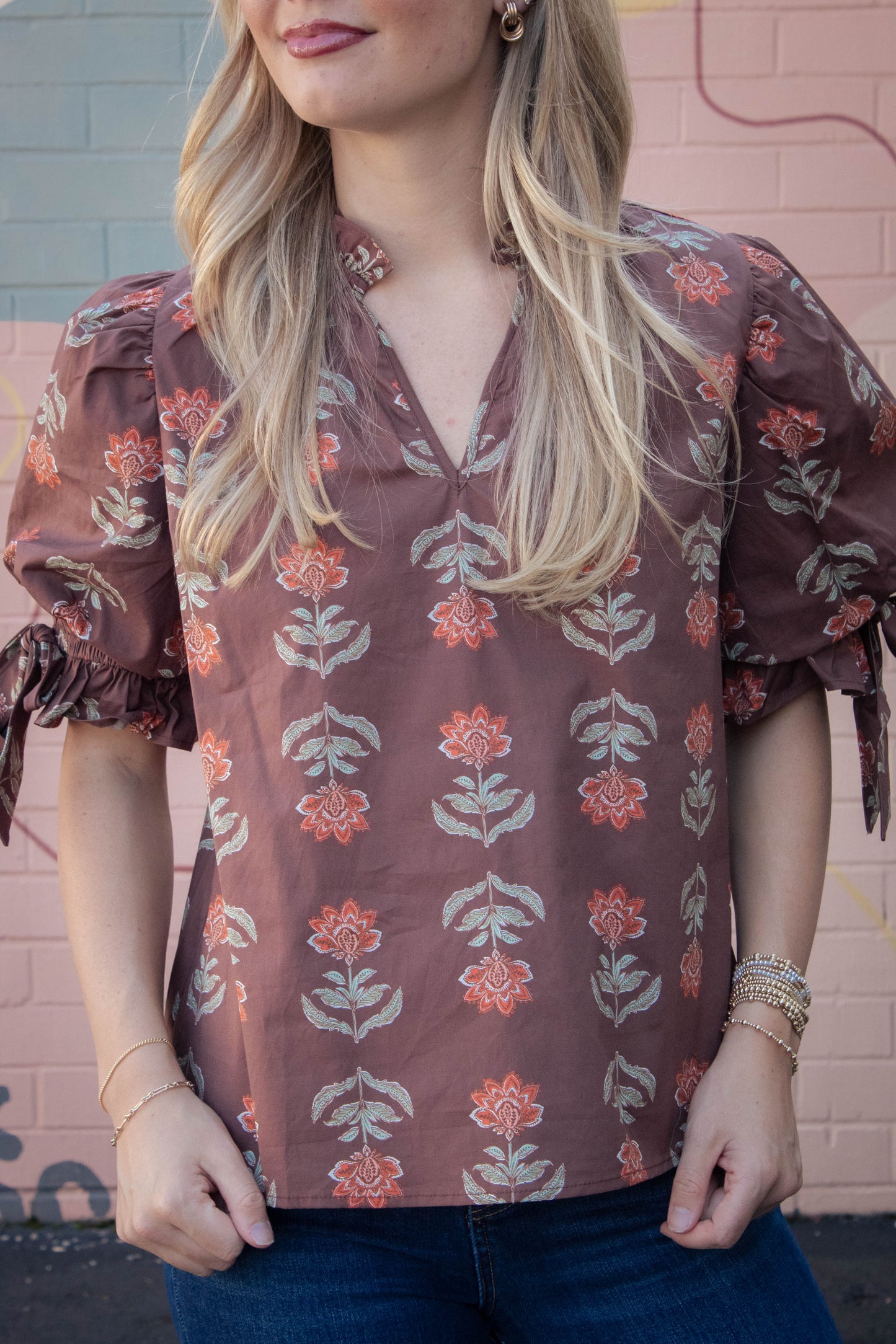  Athena Floral Print Ruffle Neck Top, Brown