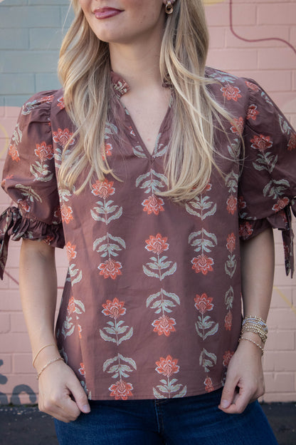  Athena Floral Print Ruffle Neck Top, Brown