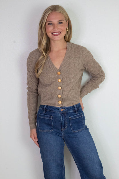  Ellie Gold Button Cable Knit Cardigan, Taupe