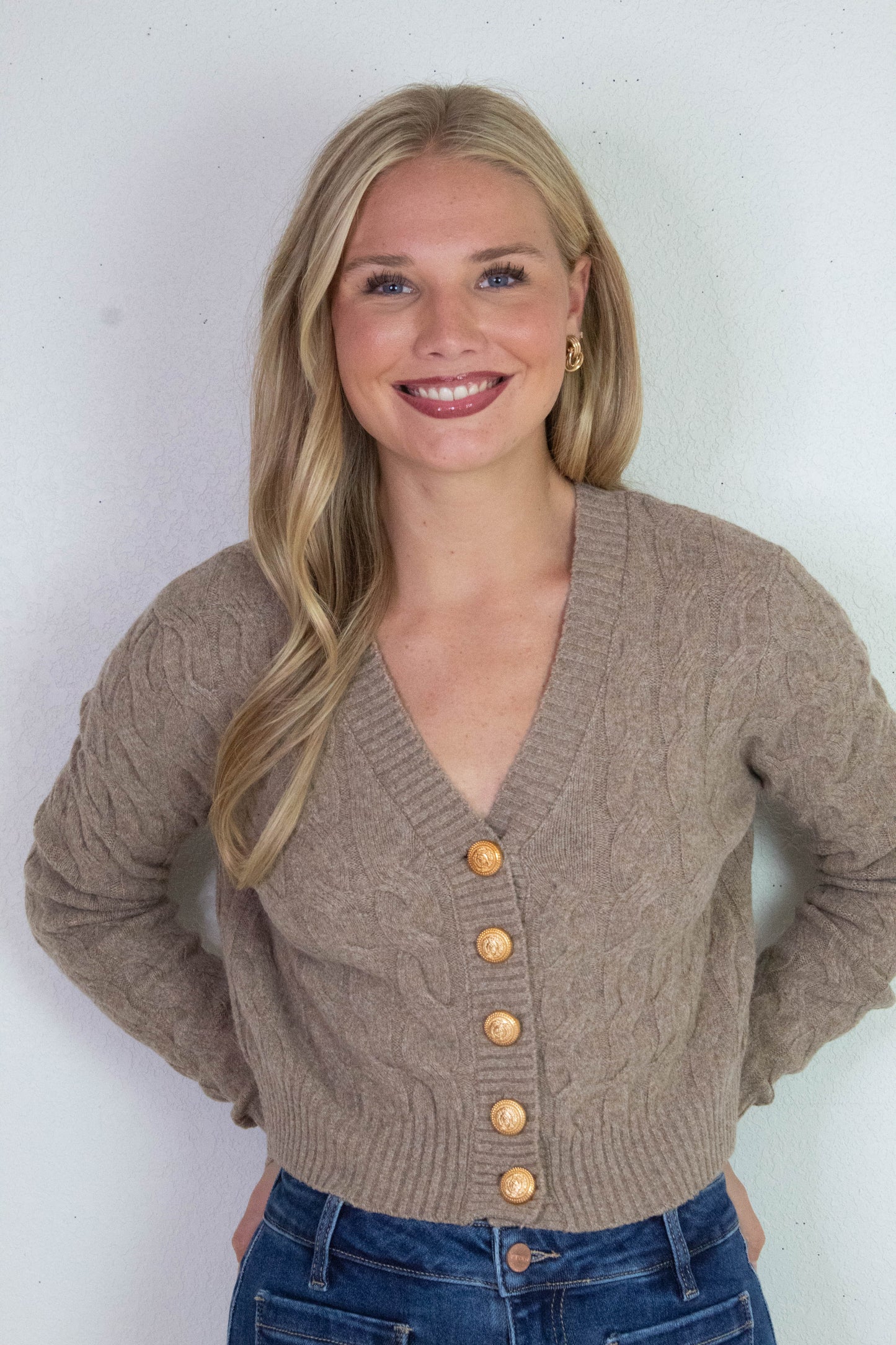  Ellie Gold Button Cable Knit Cardigan, Taupe