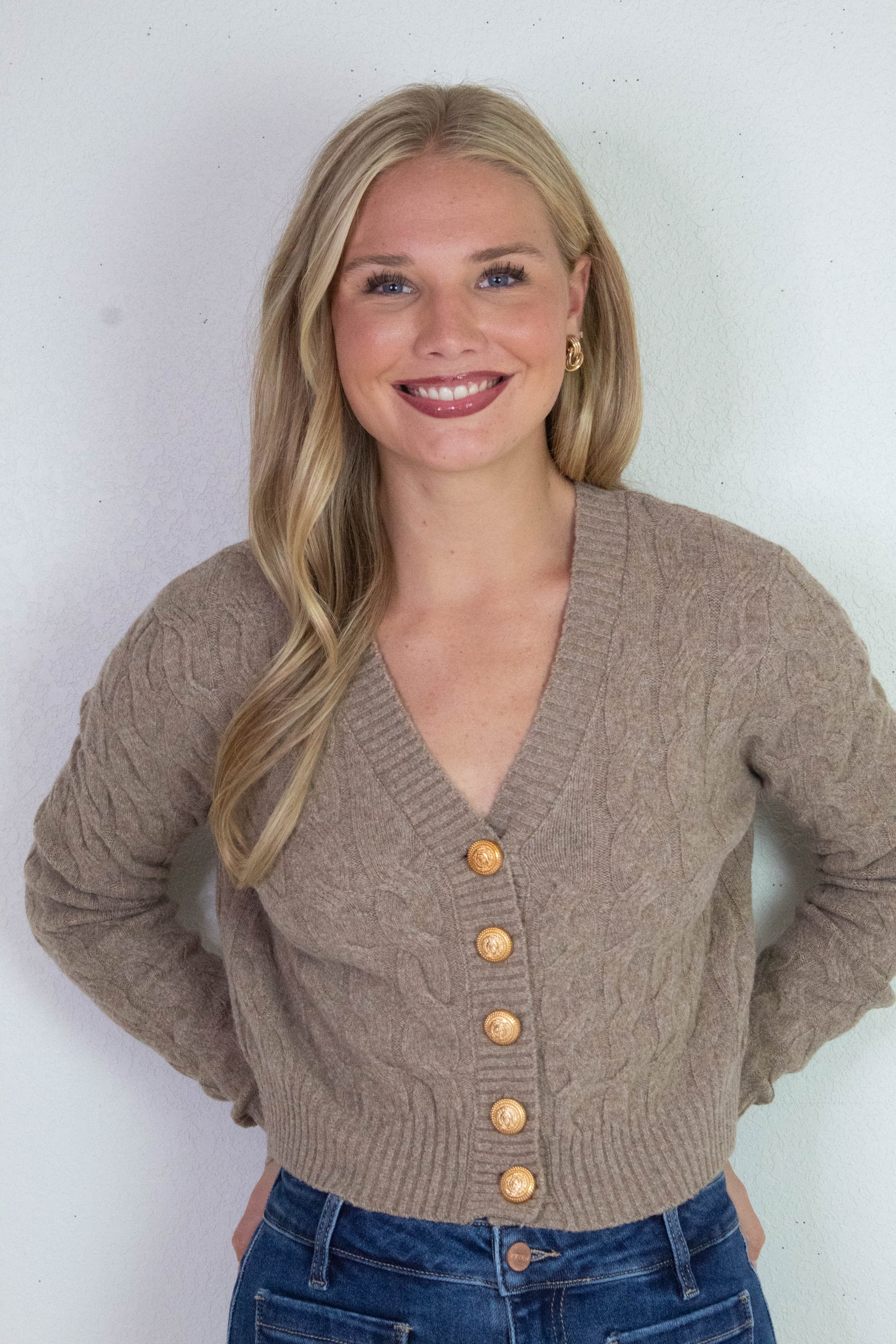  Ellie Gold Button Cable Knit Cardigan, Taupe