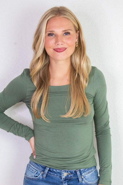 Della Layered Round Neck Top, Olive