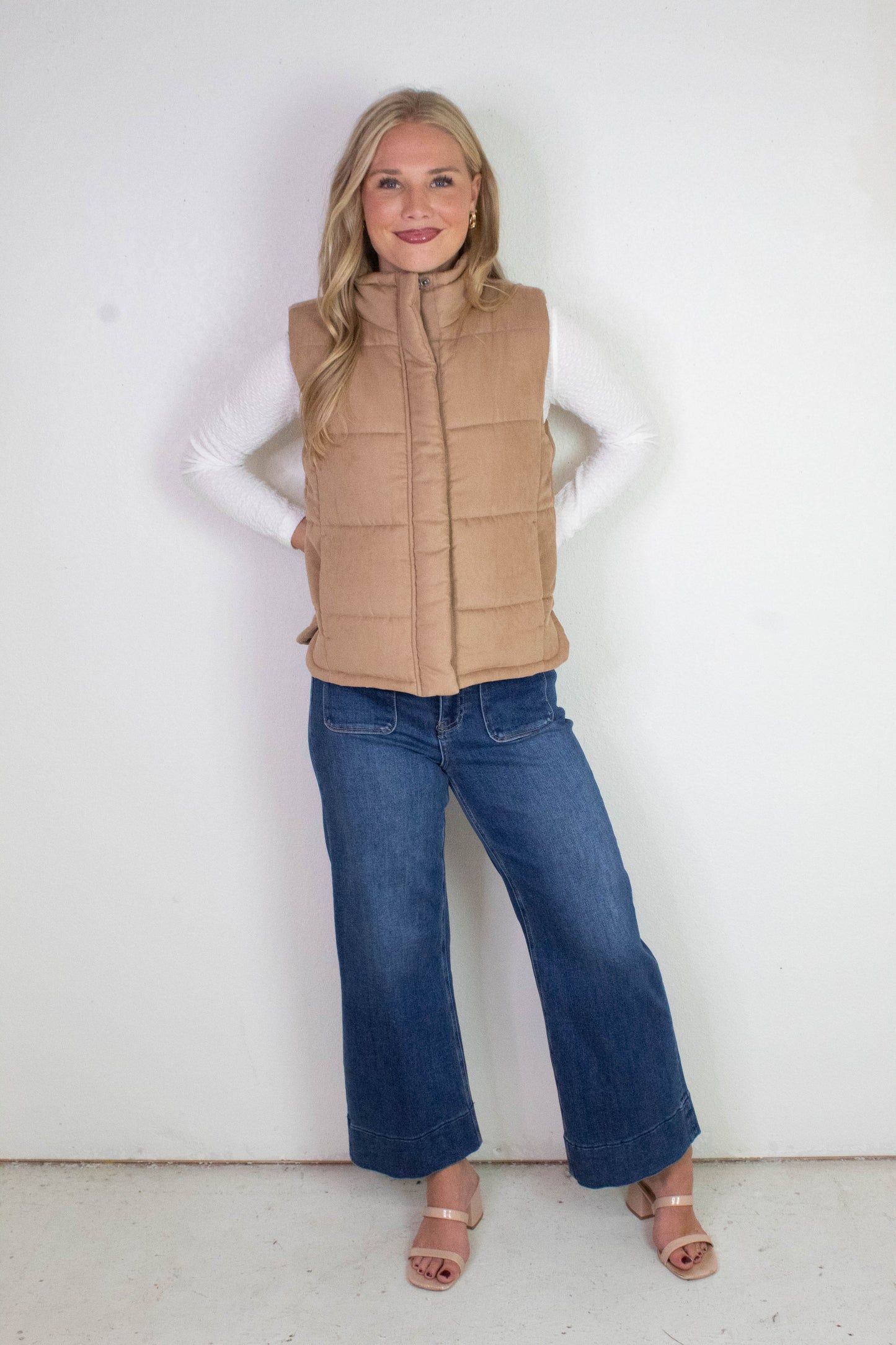 Be Cool Isabelle Suede Puffer Vest, Camel