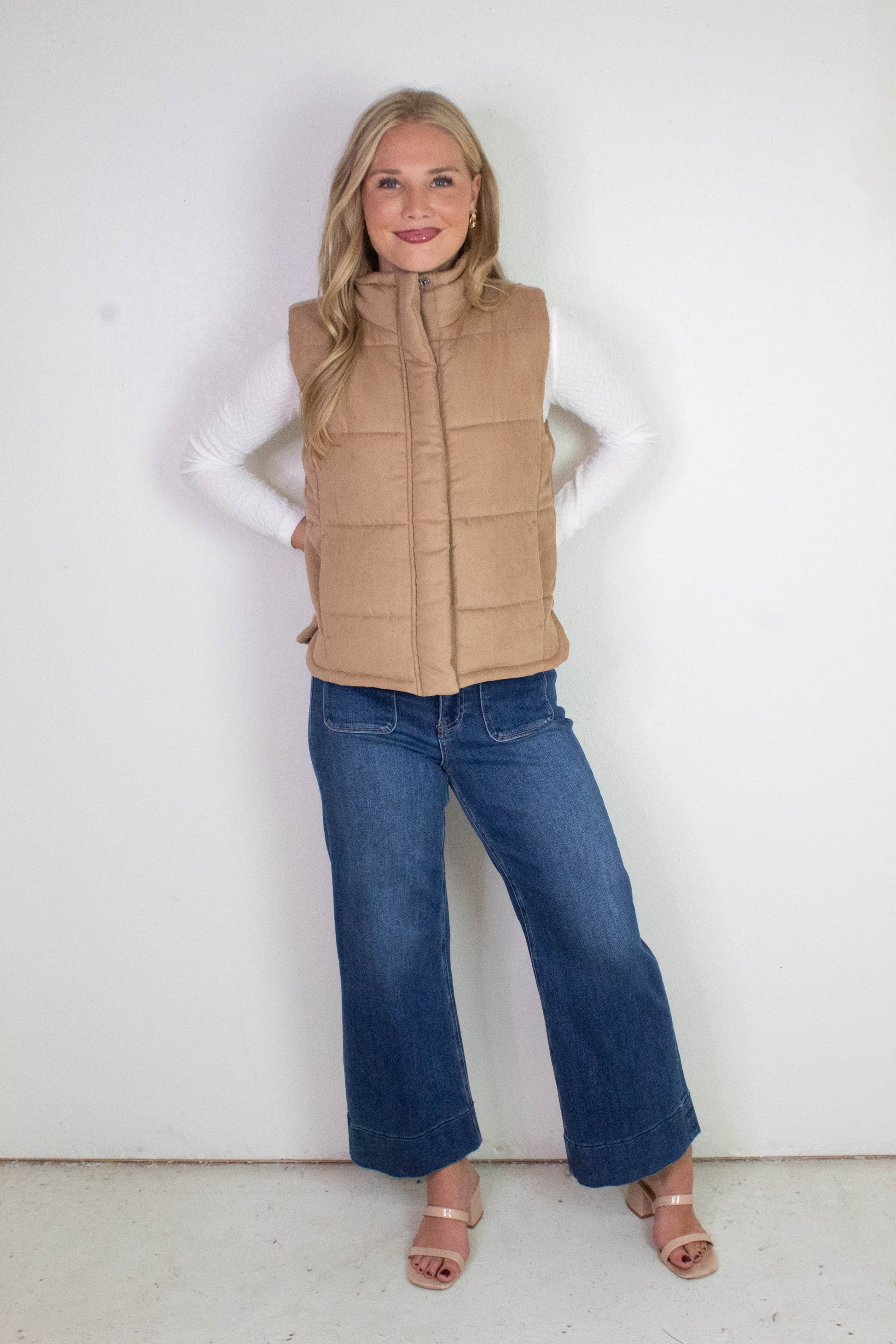 Be Cool Isabelle Suede Puffer Vest, Camel