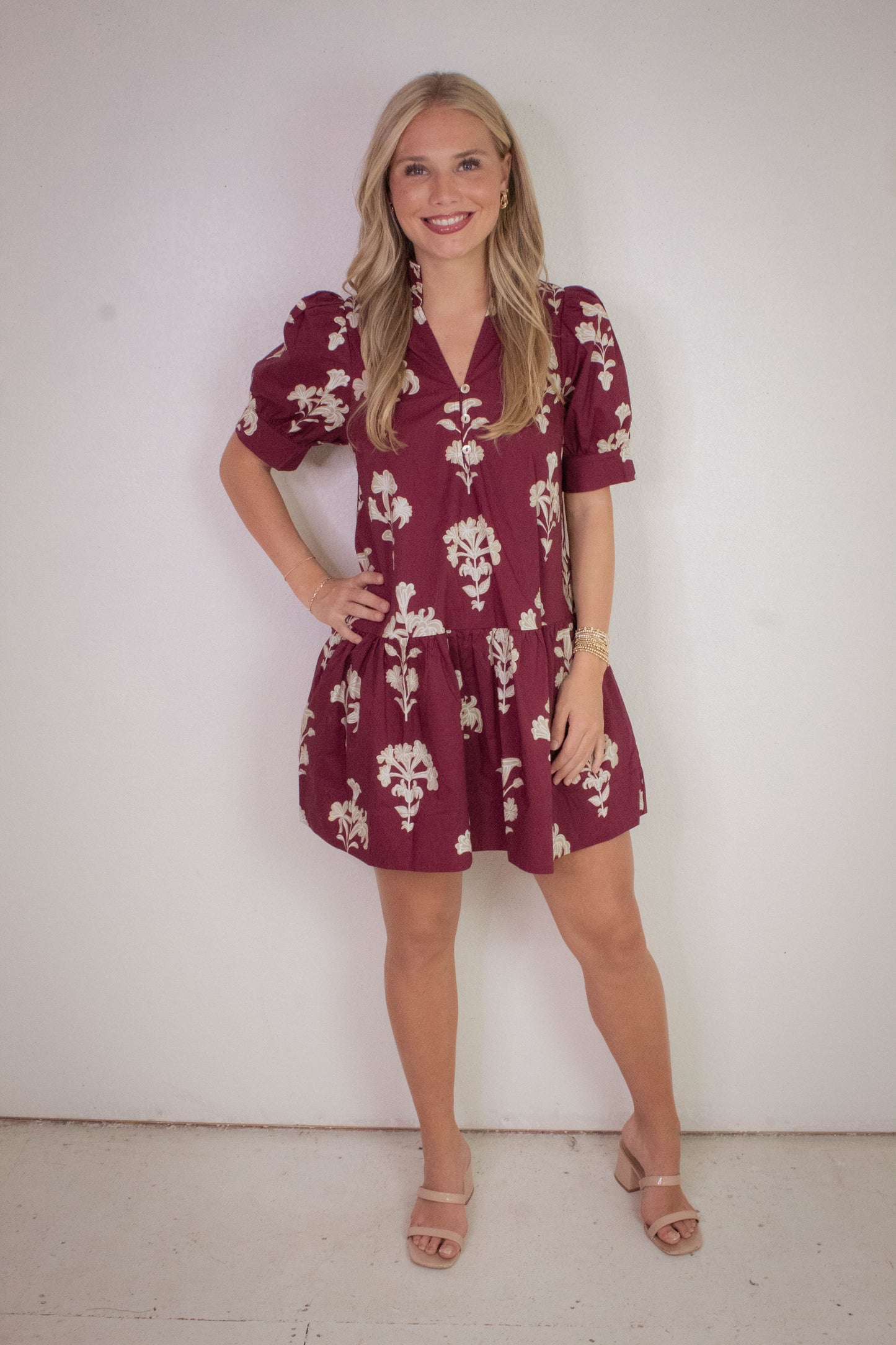  Zoe Printed Mini Dress, Garnet