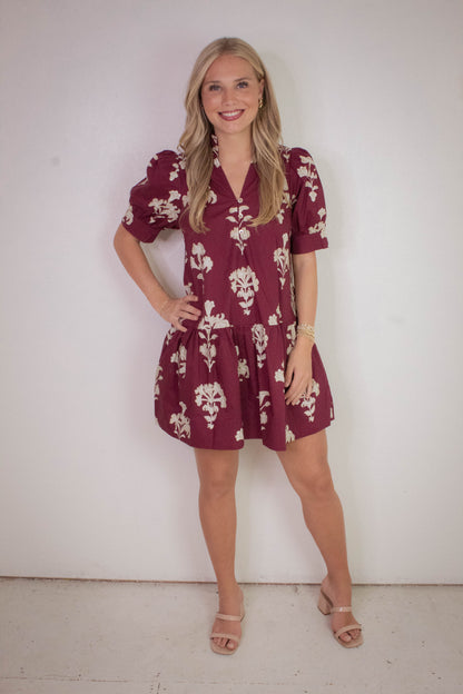 Zoe Printed Mini Dress, Garnet