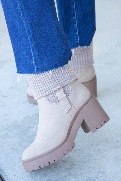  Rhoda Foldover Platform Bootie, Sand Nubuck