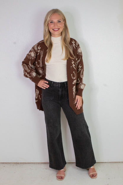  Alina Oversized Western Print Cardigan, Chocolate