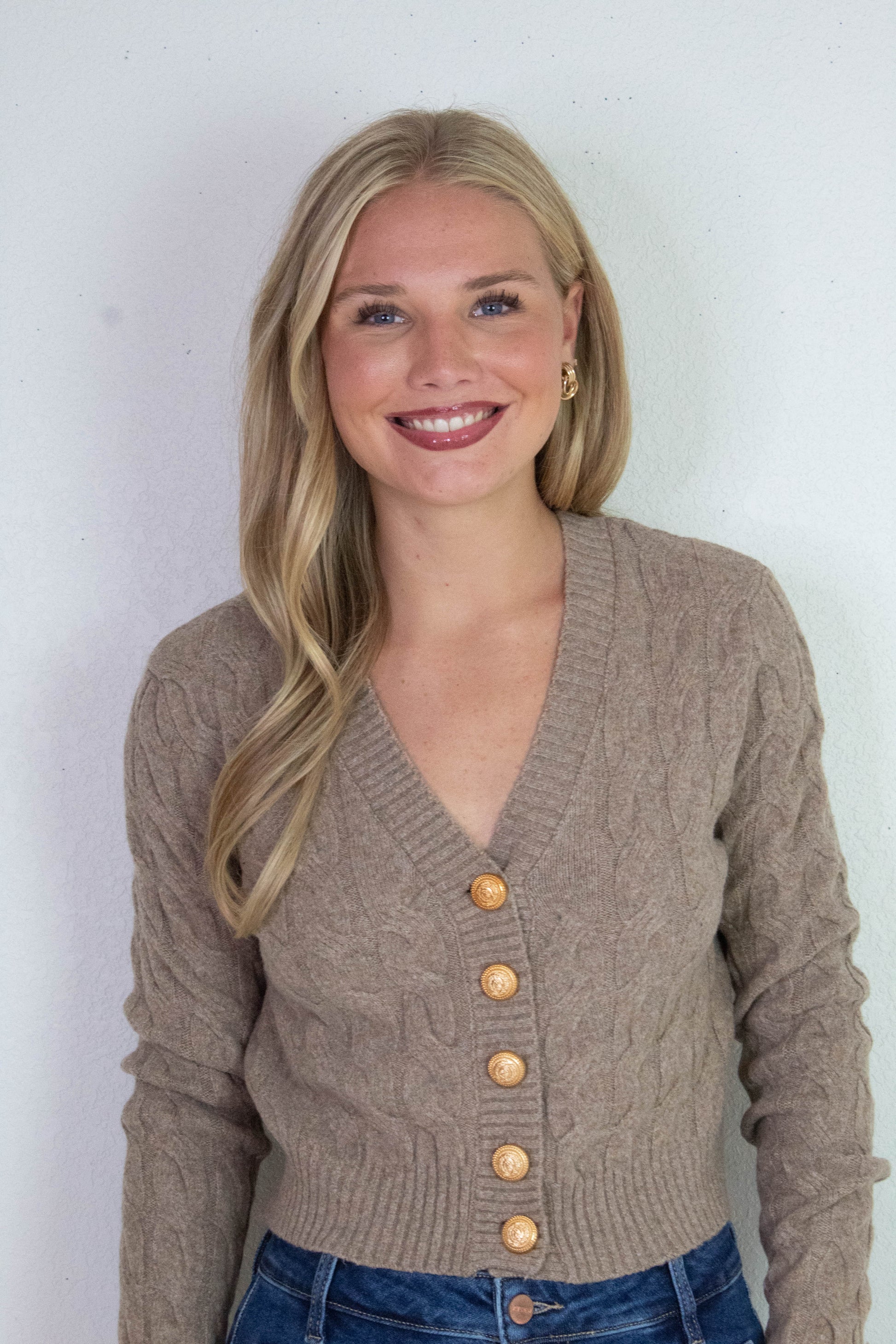  Ellie Gold Button Cable Knit Cardigan, Taupe