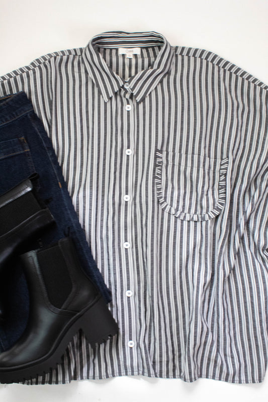  Cressida Striped Button Down Shirt, Black Stripe | Extended Sizes