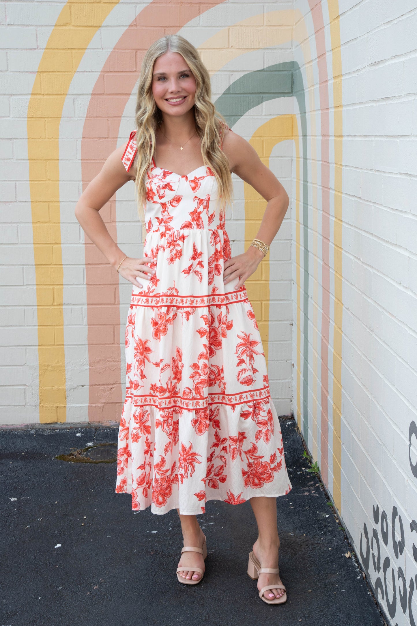  Milena Floral Shoulder Tie Bustier Dress, Sunset
