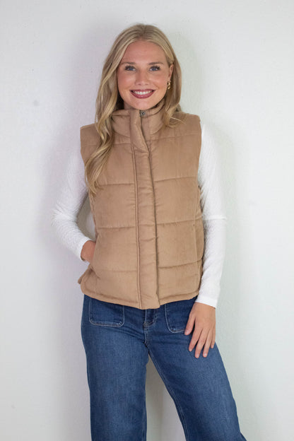 Be Cool Isabelle Suede Puffer Vest, Camel