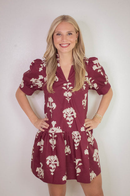  Zoe Printed Mini Dress, Garnet