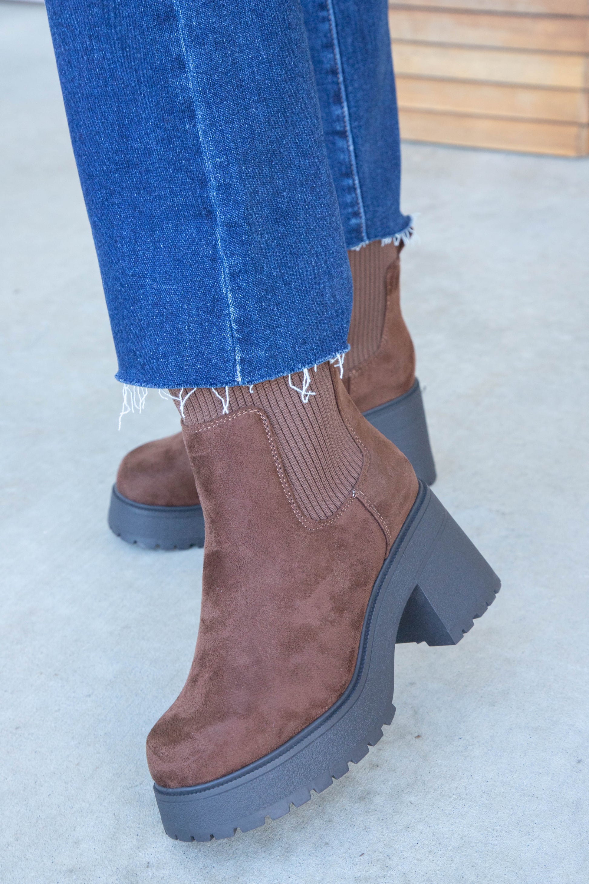  Super Knit Sock Chelsea Boots, Chocolate Faux Suede